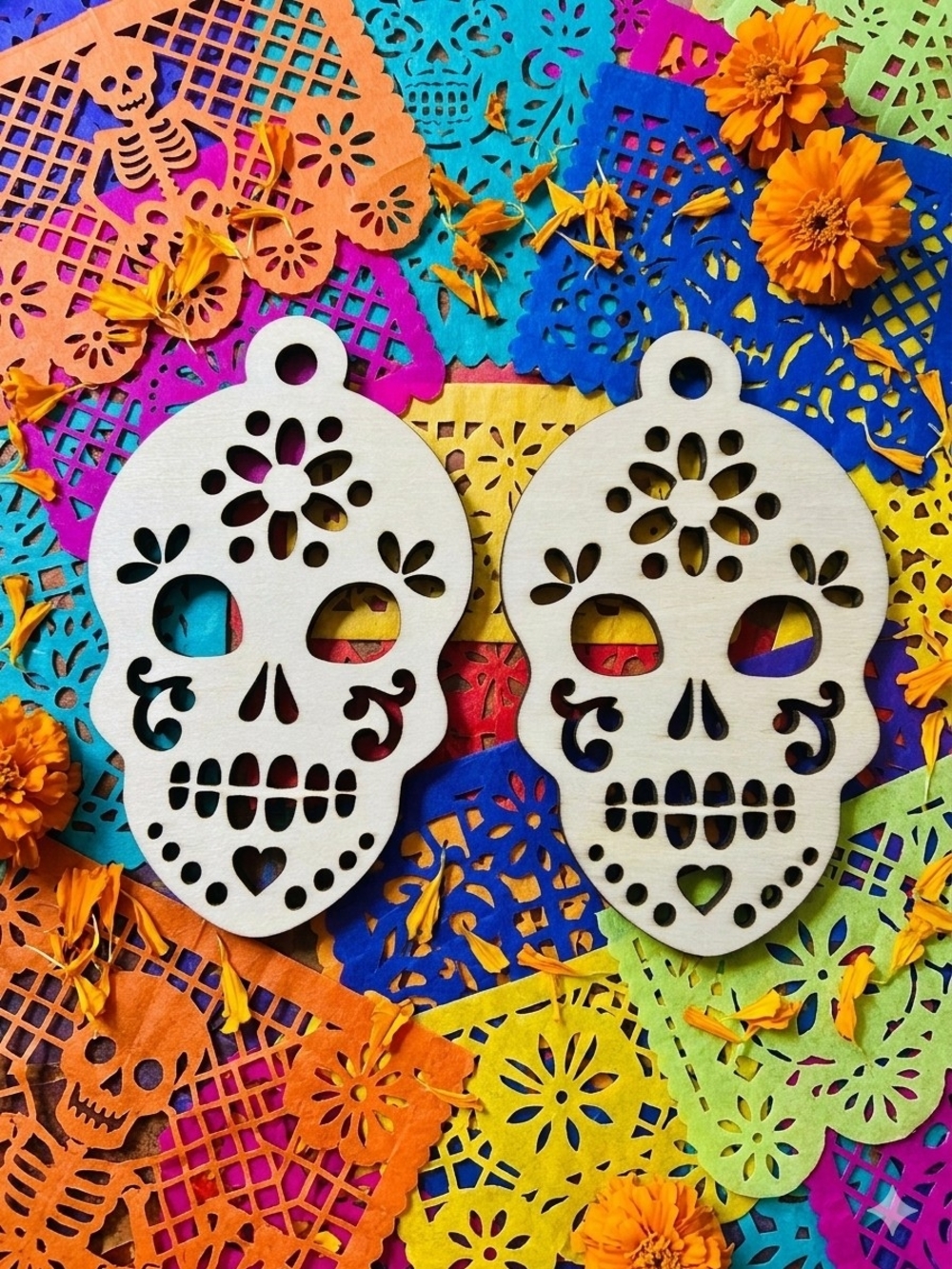 Laser-Cut Wooden Sugar Skull Ornaments - Natural Wood